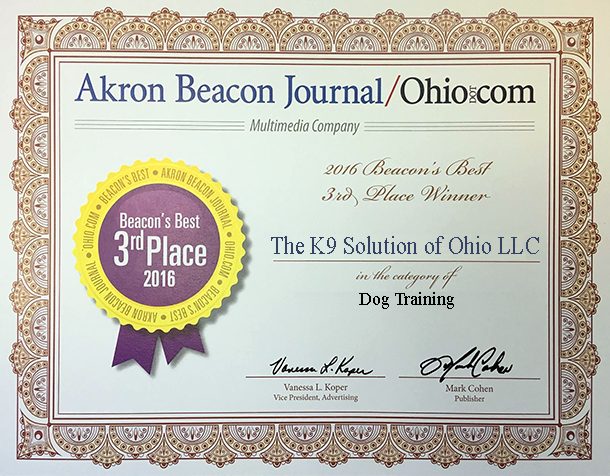 Akron Beacon Journal Beacon’s Best 2016 certificate, 3rd place in Dog Training